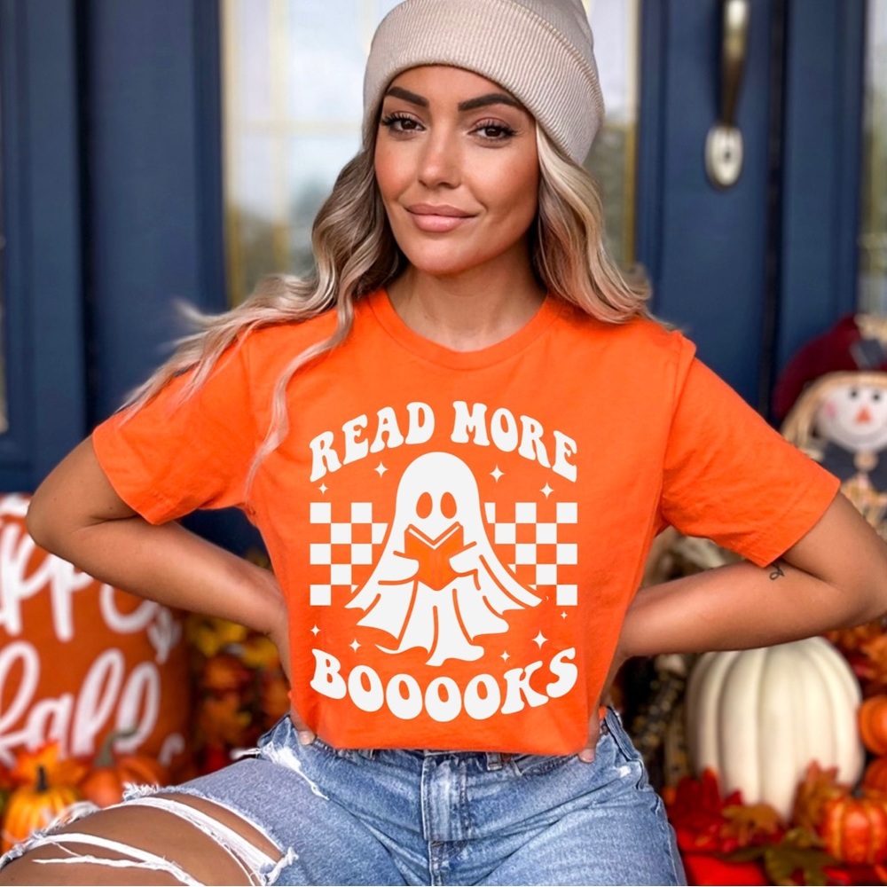 Halloween Tee Orange Spooky Ghost Book Fall Tshirt Funny Cute Checkerboard New